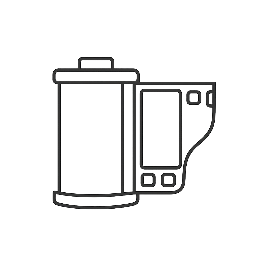 A simplified diagram of a camera with its constituent components outlined in gray, set against a pure black background.